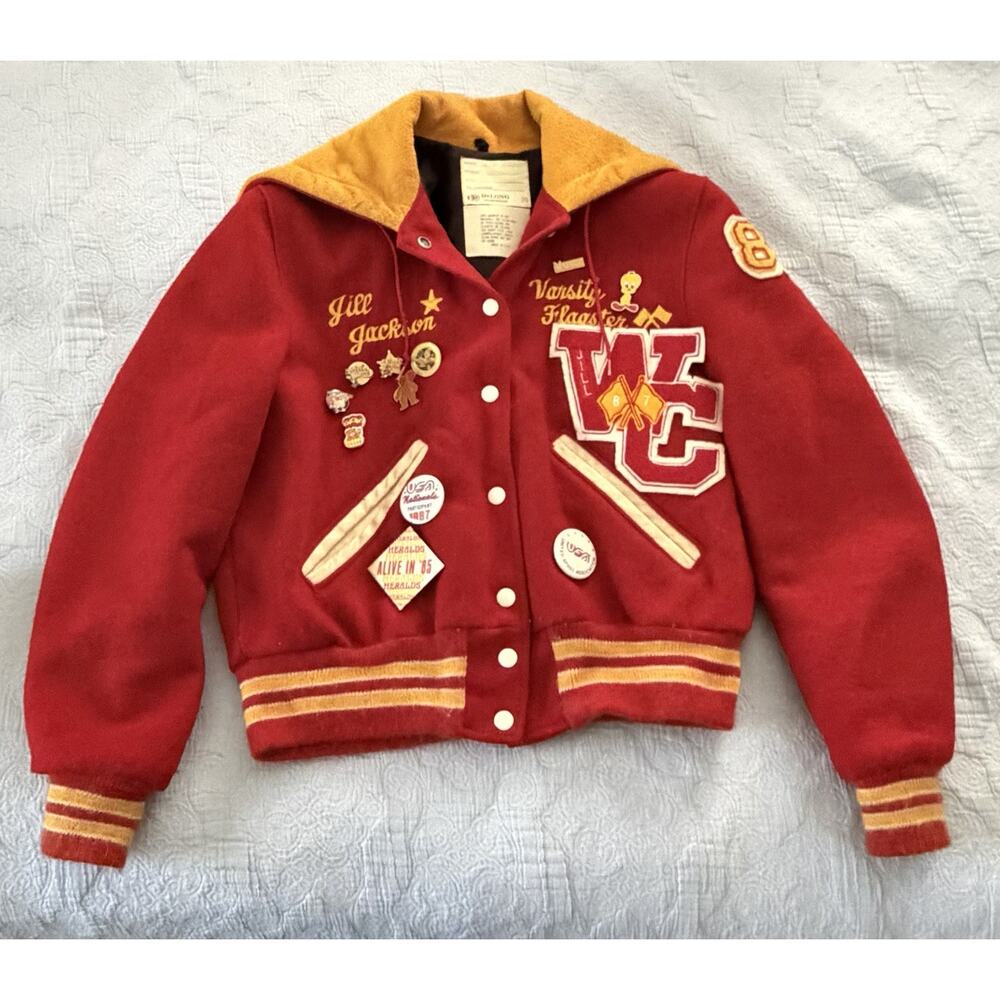 VINTAGE 80s Varsity Jacket Womens Hooded Red Heralds Flagster Pins USA Sz 20‎ XS
